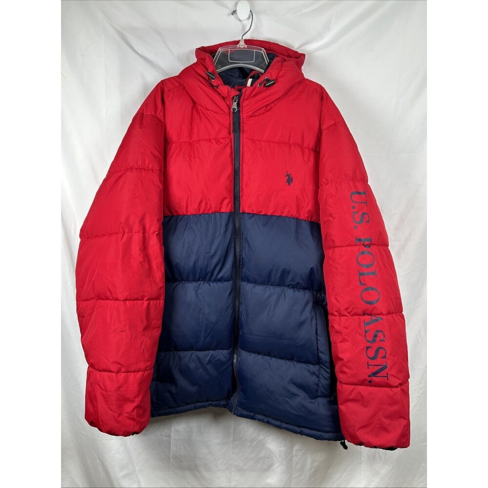 US Polo Assn. Mens 2XL Hooded Puffer Winter Jacket Red Navy Color Block Full Zip